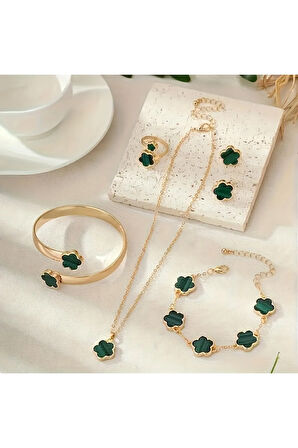 4'lü Set, Yaz Çiçeği ve Yonca Kolye, Küpe, Bileklik, Yüzük, Kadınlar İçin Yeşil Renk Aksesuar Takımı
