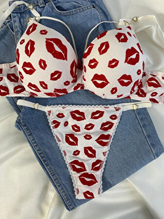 Kadın Öpücük Baskılı İpli Balenli Destekli Dolgulu Push Up Sütyen Takımı Iç Çamaşırı Takımı