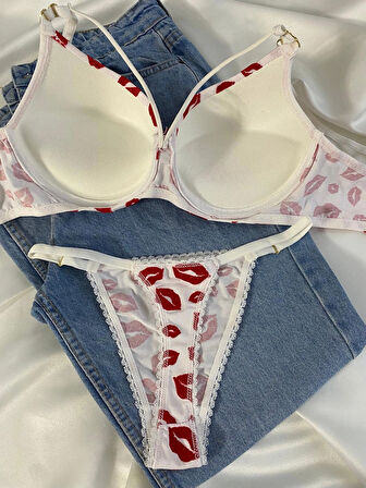 Kadın Öpücük Baskılı İpli Balenli Destekli Dolgulu Push Up Sütyen Takımı Iç Çamaşırı Takımı
