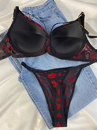 Kadın Öpücük Baskılı İpli Balenli Destekli Dolgulu Push Up Sütyen Takımı Iç Çamaşırı Takımı