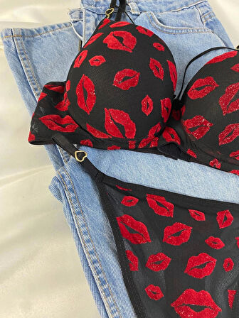 Kadın Öpücük Baskılı İpli Balenli Destekli Dolgulu Push Up Sütyen Takımı Iç Çamaşırı Takımı