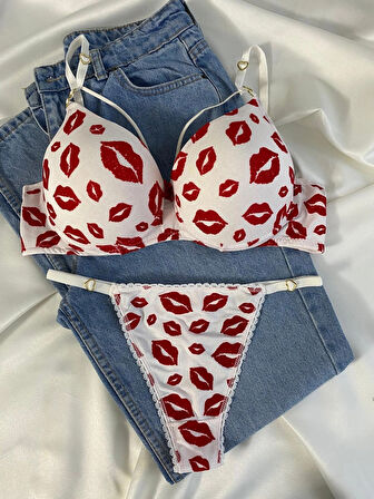 Kadın Öpücük Baskılı İpli Balenli Destekli Dolgulu Push Up Sütyen Takımı Iç Çamaşırı Takımı