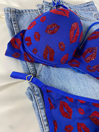 Kadın Öpücük Baskılı İpli Balenli Destekli Dolgulu Push Up Sütyen Takımı Iç Çamaşırı Takımı