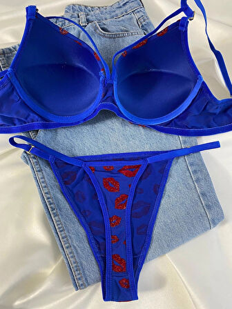 Kadın Öpücük Baskılı İpli Balenli Destekli Dolgulu Push Up Sütyen Takımı Iç Çamaşırı Takımı