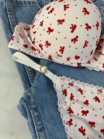 Kadın Kurdele Detaylı İpli Balenli Destekli Dolgulu Push Up Sütyen Takımı Iç Çamaşırı Takımı