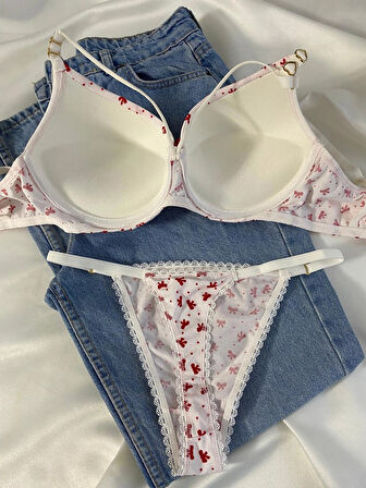 Kadın Kurdele Detaylı İpli Balenli Destekli Dolgulu Push Up Sütyen Takımı Iç Çamaşırı Takımı