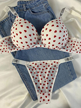 Kadın Kalpli Taşlı Balenli Destekli Dolgulu Push Up Sütyen Takımı Iç Çamaşırı Takımı