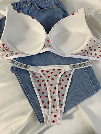 Kadın Kalpli Taşlı Balenli Destekli Dolgulu Push Up Sütyen Takımı Iç Çamaşırı Takımı