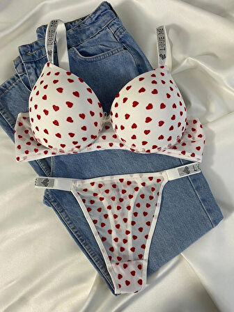 Kadın Kalpli Taşlı Balenli Destekli Dolgulu Push Up Sütyen Takımı Iç Çamaşırı Takımı