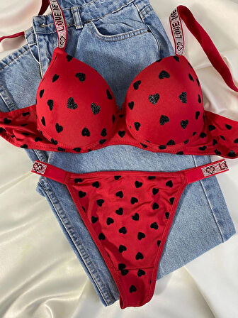 Kadın Kalpli Taşlı Balenli Destekli Dolgulu Push Up Sütyen Takımı Iç Çamaşırı Takımı