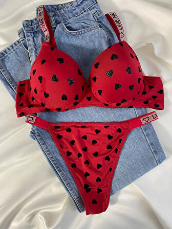 Kadın Kalpli Taşlı Balenli Destekli Dolgulu Push Up Sütyen Takımı Iç Çamaşırı Takımı