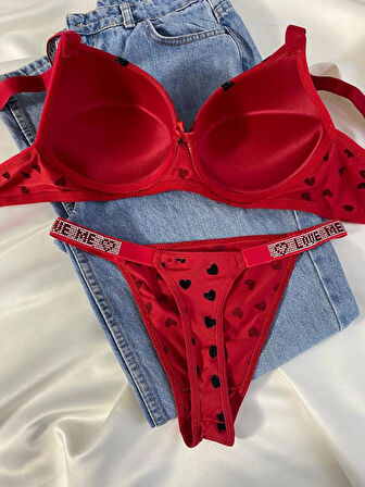 Kadın Kalpli Taşlı Balenli Destekli Dolgulu Push Up Sütyen Takımı Iç Çamaşırı Takımı