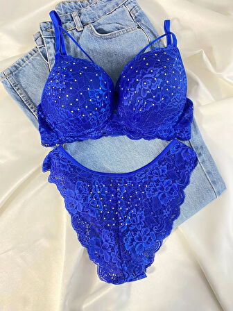 Kadın Dantelli İp Detaylı Taşlı Balenli Destekli Dolgulu Push Up Sütyen Takımı Iç Çamaşırı Takımı