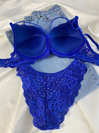 Kadın Dantelli İp Detaylı Taşlı Balenli Destekli Dolgulu Push Up Sütyen Takımı Iç Çamaşırı Takımı