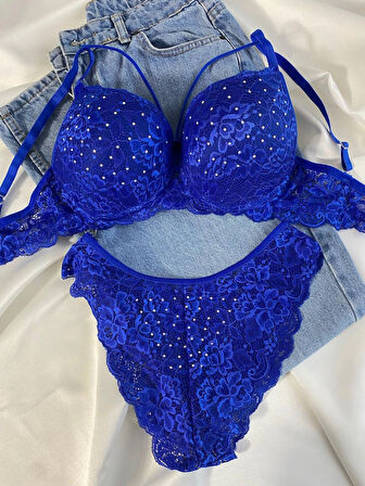 Kadın Dantelli İp Detaylı Taşlı Balenli Destekli Dolgulu Push Up Sütyen Takımı Iç Çamaşırı Takımı