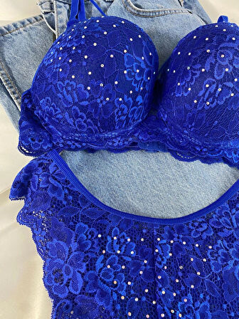 Kadın Dantelli İp Detaylı Taşlı Balenli Destekli Dolgulu Push Up Sütyen Takımı Iç Çamaşırı Takımı