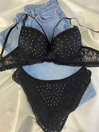 Kadın Dantelli İp Detaylı Taşlı Balenli Destekli Dolgulu Push Up Sütyen Takımı Iç Çamaşırı Takımı