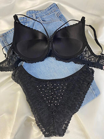 Kadın Dantelli İp Detaylı Taşlı Balenli Destekli Dolgulu Push Up Sütyen Takımı Iç Çamaşırı Takımı