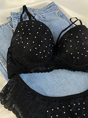 Kadın Dantelli İp Detaylı Taşlı Balenli Destekli Dolgulu Push Up Sütyen Takımı Iç Çamaşırı Takımı