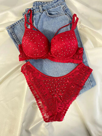 Kadın Dantelli İp Detaylı Taşlı Balenli Destekli Dolgulu Push Up Sütyen Takımı Iç Çamaşırı Takımı