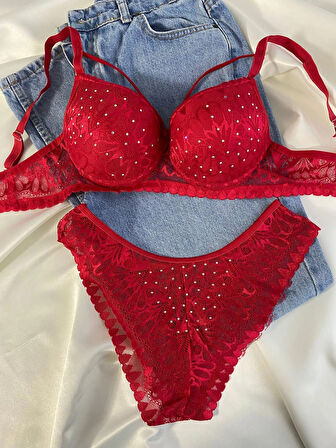 Kadın Dantelli İp Detaylı Taşlı Balenli Destekli Dolgulu Push Up Sütyen Takımı Iç Çamaşırı Takımı