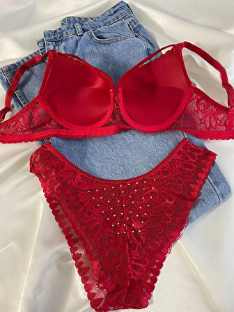 Kadın Dantelli İp Detaylı Taşlı Balenli Destekli Dolgulu Push Up Sütyen Takımı Iç Çamaşırı Takımı