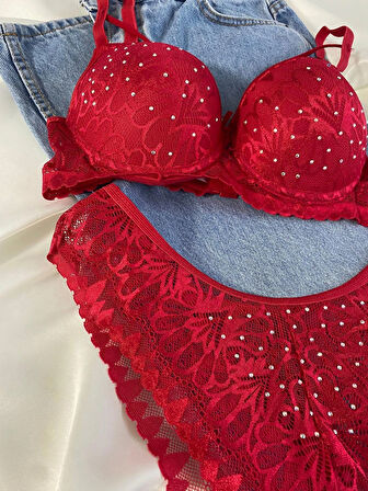 Kadın Dantelli İp Detaylı Taşlı Balenli Destekli Dolgulu Push Up Sütyen Takımı Iç Çamaşırı Takımı