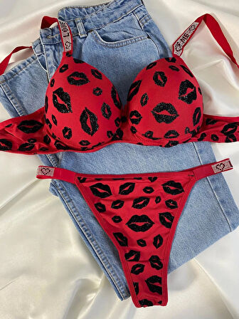 Kadın Öpücük Baskılı Taşlı Balenli Destekli Dolgulu Push Up Sütyen Takımı Iç Çamaşırı Takımı