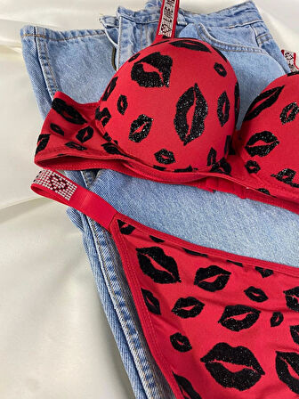 Kadın Öpücük Baskılı Taşlı Balenli Destekli Dolgulu Push Up Sütyen Takımı Iç Çamaşırı Takımı