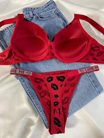 Kadın Öpücük Baskılı Taşlı Balenli Destekli Dolgulu Push Up Sütyen Takımı Iç Çamaşırı Takımı