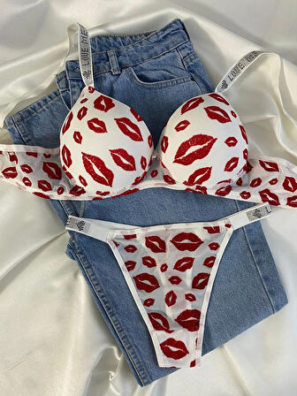 Kadın Öpücük Baskılı Taşlı Balenli Destekli Dolgulu Push Up Sütyen Takımı Iç Çamaşırı Takımı