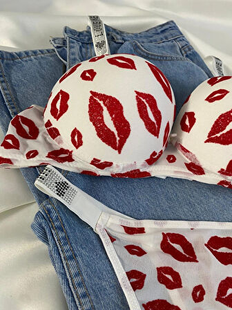 Kadın Öpücük Baskılı Taşlı Balenli Destekli Dolgulu Push Up Sütyen Takımı Iç Çamaşırı Takımı