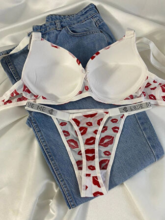 Kadın Öpücük Baskılı Taşlı Balenli Destekli Dolgulu Push Up Sütyen Takımı Iç Çamaşırı Takımı