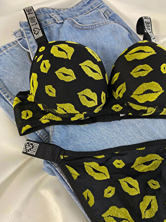 Kadın Öpücük Baskılı Taşlı Balenli Destekli Dolgulu Push Up Sütyen Takımı Iç Çamaşırı Takımı