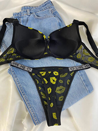 Kadın Öpücük Baskılı Taşlı Balenli Destekli Dolgulu Push Up Sütyen Takımı Iç Çamaşırı Takımı