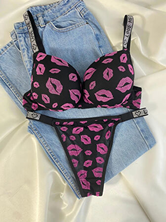 Kadın Öpücük Baskılı Taşlı Balenli Destekli Dolgulu Push Up Sütyen Takımı Iç Çamaşırı Takımı