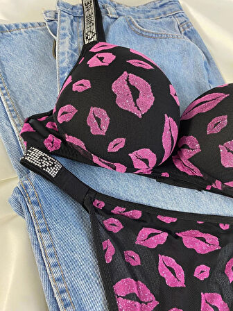 Kadın Öpücük Baskılı Taşlı Balenli Destekli Dolgulu Push Up Sütyen Takımı Iç Çamaşırı Takımı