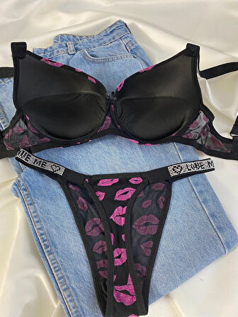 Kadın Öpücük Baskılı Taşlı Balenli Destekli Dolgulu Push Up Sütyen Takımı Iç Çamaşırı Takımı