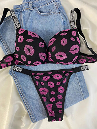 Kadın Öpücük Baskılı Taşlı Balenli Destekli Dolgulu Push Up Sütyen Takımı Iç Çamaşırı Takımı