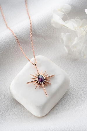 925 Ayar Gümüş Işıklı Kutuda Mor Taşlı Kutup Yıldızı Kolye