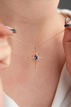 925 Ayar Gümüş Işıklı Kutuda Mor Taşlı Kutup Yıldızı Kolye