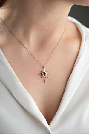 925 Ayar Gümüş Işıklı Kutuda Mor Taşlı Kutup Yıldızı Kolye