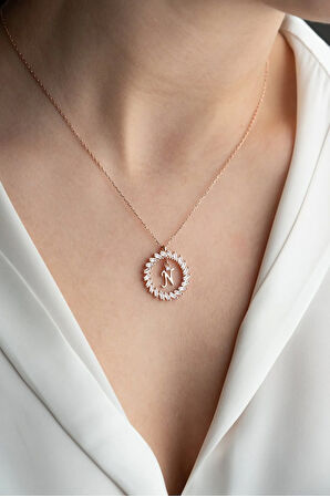 925 Ayar Gümüş Rose Kaplama Baget Taşlı Halka Model N Harfi Kolye