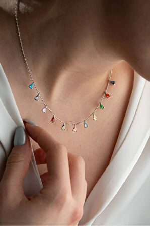 925 Ayar Gümüş Rodyum Kaplama Sıralı Damla Mix Taşlı Kadın Kolye