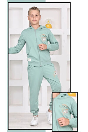 PJK2İ Be Creatıve Desenli Yeşil 2 İp %100 Pamuk Erkek Çocuk Fermuarlı Eşofman Takımı 5-14 Yaş 7265-Y