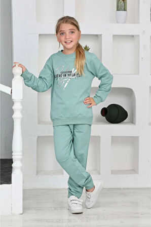 PJK2İ Relax Desenli Yeşil 2 İp %100 Pamuk Kız Çocuk Eşofman Takımı 5-14 Yaş 7267-Y