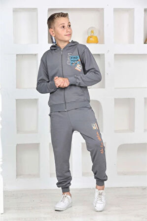 PJK2İ Fınd Your Way Desenli Füme 2 İp %100 Pamuk Erkek Çocuk Fermuarlı Eşofman Takımı 5-14 Yaş 7468-F