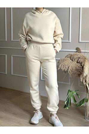 Şardonlu Beli ve Bilekleri Lastikli Kapüşonlu Eşofman Takım