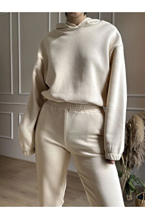 Şardonlu Beli ve Bilekleri Lastikli Kapüşonlu Eşofman Takım