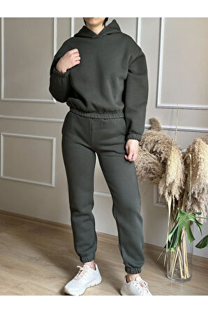 Şardonlu Beli ve Bilekleri Lastikli Kapüşonlu Eşofman Takım